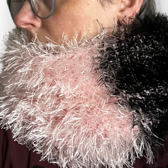 Handmade Women's Hand Knit Pink & Black Fuzzy Faux Fur Yarn Cowl, Neck Warmer - Picture 9 of 11